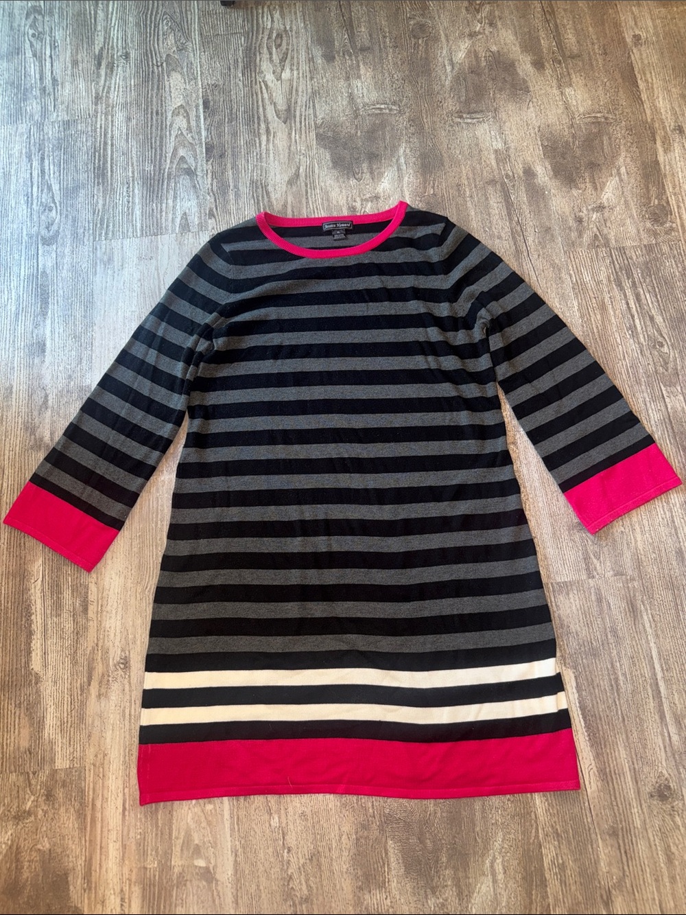 Jessica Howard Black & Gray Striped Long-Sleeve Dress with Pink Trim